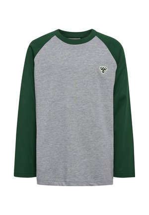 Long-sleeve shirt with a gray body and dark green raglan sleeves, featuring a small green embroidered logo on the chest. Soft cotton material.