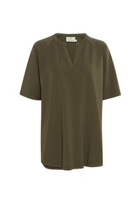 Oliwkowy t-shirt z krótkim rękawem w serek i luźnym kroju, z rękawami raglanowymi oraz miękkim, gładkim materiałem.