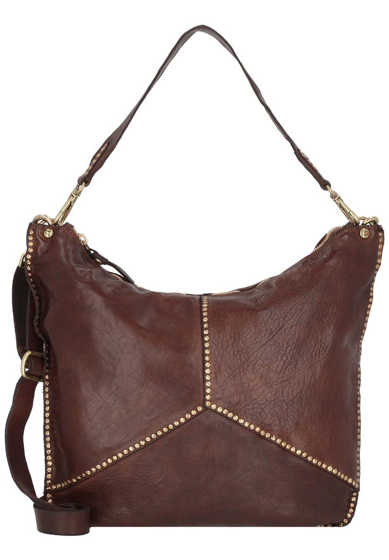 Sac à main en cuir marron au design décontracté, doté d'étoiles en métal doré le long des coutures et d'une seule bandoulière réglable. Fermeture zippée en haut.