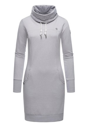 Robe sweat-shirt gris clair à manches longues avec poches avant et col capuche à cordon orné de motifs d'ancre.
