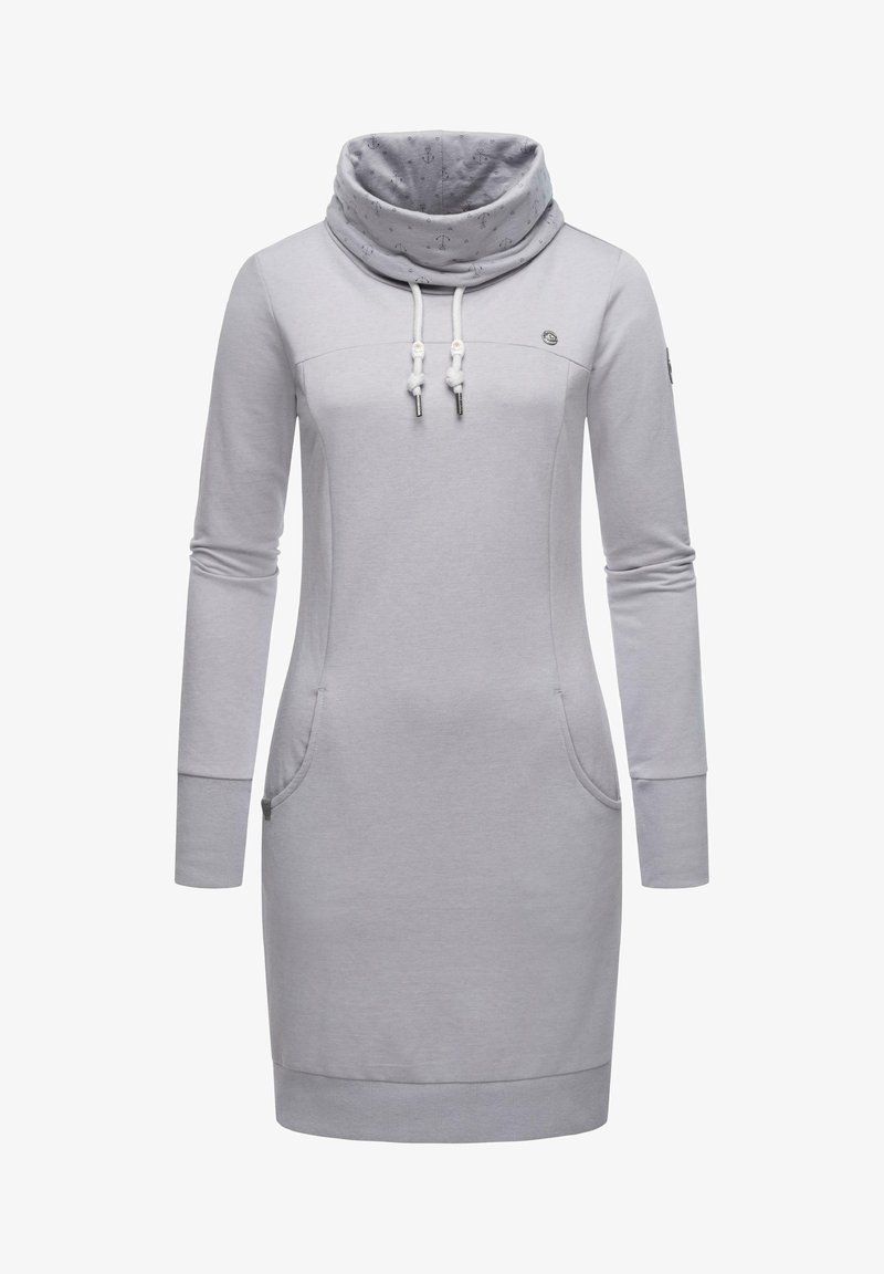 Robe sweat-shirt gris clair à manches longues avec poches avant et col capuche à cordon orné de motifs d'ancre.