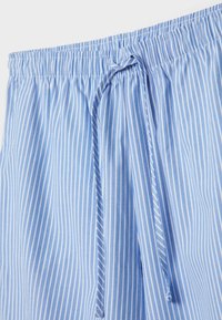 Shorts de pyjama bleu clair avec des rayures blanches verticales, dotés d'une taille élastique et d'un cordon de serrage pour les ajuster. Tissu doux au toucher.