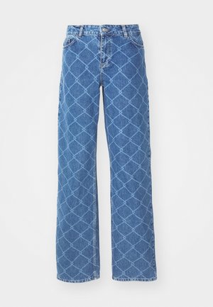 Wide-leg blue jeans featuring a diamond pattern, crafted from denim with a soft texture, and finished with standard hardware and stitched hems.