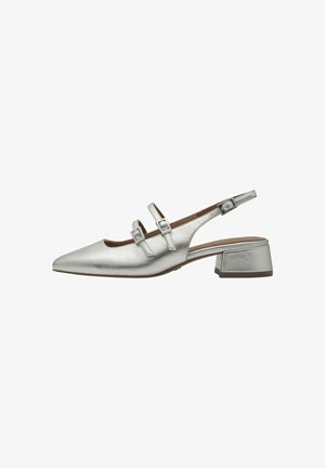 Hõbedased metallilised slingback kingad terava ninaga, kahe dekoratiivse pandlaga rihmaga ja madala plokktallaga. Sile tekstuur läikiva viimistlusega.