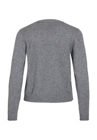 Grå tröja, stickad duk, figursydd silhuett, rund halsringning, långa ärmar, ribbat nederkant och ärmslut, slät textur, inga synliga mönster.