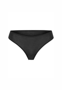 Mustus puuvillane string aluspüksid, millel on sile tekstuur, madal tõus ja minimaalne lõige ilma nähtavate mustrite või metallosadeta.