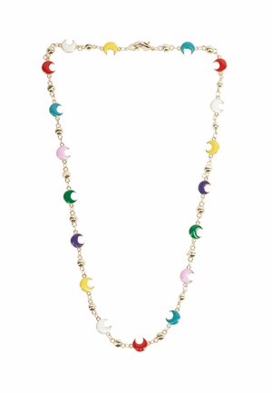 Collana in oro con palline dorate alternate e piccoli charm a forma di mezzaluna colorati in rosso, bianco, giallo, blu, rosa, verde e viola.