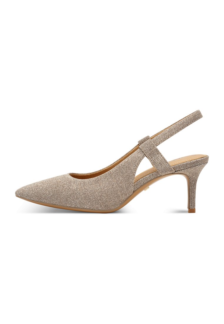 Beige Slingback-Absatzschuhe mit spitzer Zehenpartie aus schimmerndem, strukturiertem Stoff, schlanken Absätzen und verstellbarem Riemen für einen sicheren Halt.