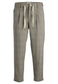 Pantalon léger à carreaux beige et gris, avec une coupe décontractée, des plis à l'avant et une taille à cordon avec des liens contrastants.