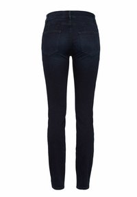 Mörkblå denim skinny jeans med midjebyggning, fem fickor och en mjuk textur med minimala sömnadsdetaljer.