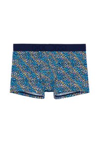 Miestenské boxerky s modrým kvetinovým vzorom, s tmavomodrým logom na páse, jemným materiálom a priliehavým strihom.