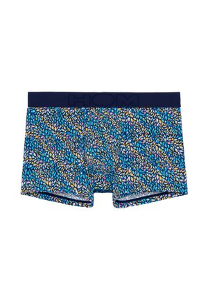 Herreboxershorts i blå blomstermönster, med en mørkeblå logo-elastik, blødt stof og et tætsiddende design.
