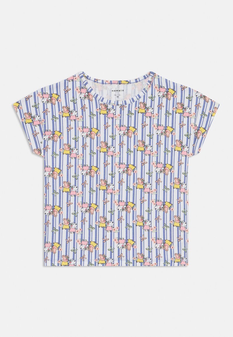 Kratší rukávy, světle modré bavlněné tričko s opakujícím se vzorem kreslených postaviček a růžových květin na svislých bílých pruzích.