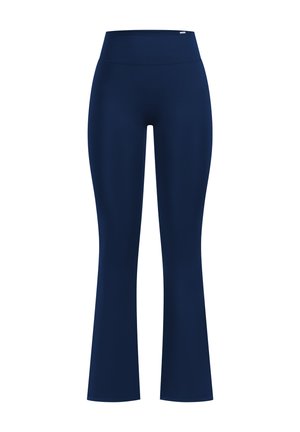 Leggings a zampa d'elefante di colore blu navy, realizzati in tessuto elastico, con una vita alta e una superficie liscia, privi di motivi o accessori visibili.