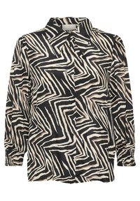 Camicia button-up nera e crema con motivo a zigzag, maniche lunghe con polsini elasticizzati e design del colletto classico.