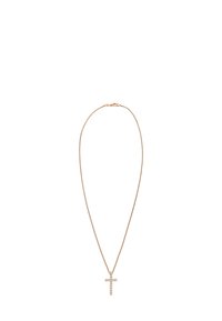 Halskette aus goldfarbigem Metall mit einem Kreuz-Anhänger, der mit schimmernden Details verziert ist. Schlankes Design mit einem Karabinerverschluss.