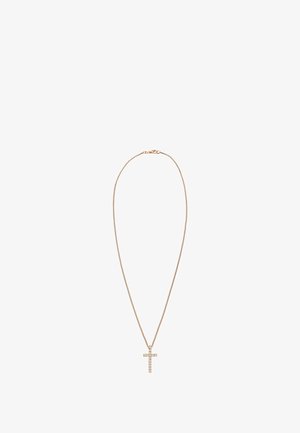 Collier en chaîne dorée avec un pendentif croix orné de détails brillants. Design élégant avec un fermoir à pince.