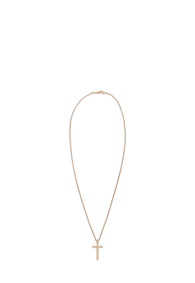 Halskette aus goldfarbigem Metall mit einem Kreuz-Anhänger, der mit schimmernden Details verziert ist. Schlankes Design mit einem Karabinerverschluss.