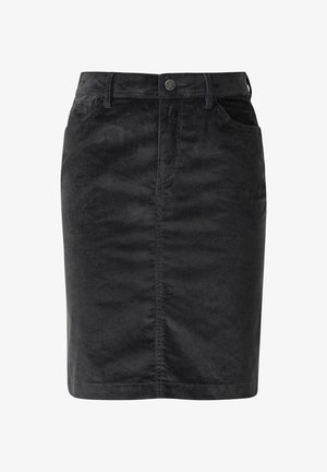 Schwarzer Cordrock mit gerader Schnittführung, ausgestattet mit einem Knopfverschluss, Gürtelschlaufen und vorderen Taschen. Der Stoff hat ein strukturiertes, geripptes Muster.