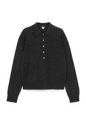 Dunkelgrauer, langärmeliger Strickpullover mit Kragen und Knopfleiste mit fünf Kn�öpfen, gerippte Bündchen und Saum, flach auf weißem Hintergrund ausgelegt.