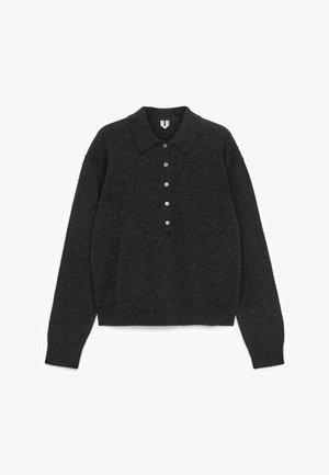 Dark gray long-sleeve knit sweater with collar and five-button placket, ribbed cuffs and hem, laid flat on white background.