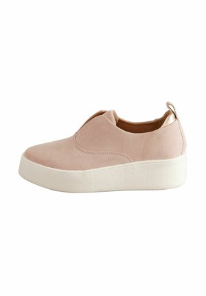 Blush pink slip-on shoes with a soft suede texture, featuring a white textured platform sole and a small back tab for ease of wear.