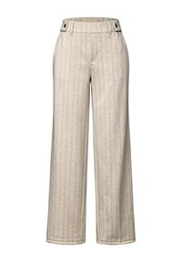 Beige vida byxor med vertikala blå ränder, med platt front, bälteshällor och två knappar vid midjan.