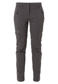 Gray outdoor pants made from soft-shell material. Features zippered pockets and a logo on the left leg. Fitted design with articulated knees.