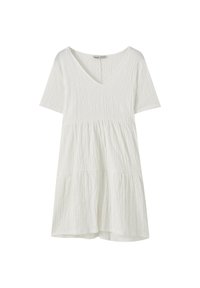 Robe blanche à manches courtes avec un col en V, tissu texturé, taille cintrée et jupe à volants. Matière douce et légère.