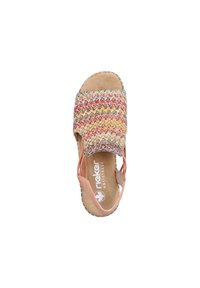 Gewebter, mehrfarbiger Sandale mit einem strukturierten Obermaterial in Rottönen, Gelbtönen und Blautönen. Sie verfügt über eine gepolsterte Innensohle und verstellbare Riemen.