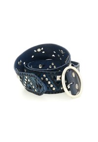 Cintura in pelle blu navy con motivi geometrici, borchie metalliche e fibbia rotonda in argento; texture liscia con perforazioni sulla cinghia.