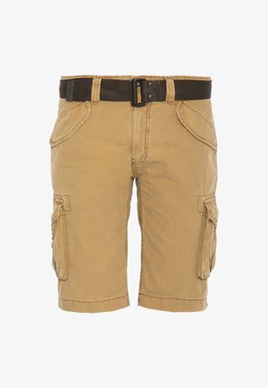 Pantaloncini cargo color cachi in cotone con finitura testurizzata. Presentano una cintura intrecciata marrone, tasche laterali e una vestibilità comoda.