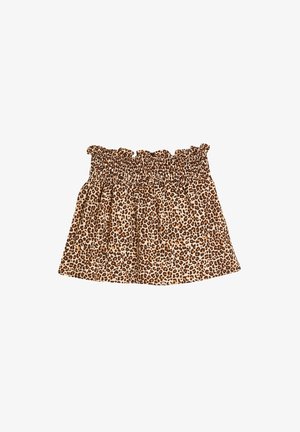 Luipaardprint rok met een smocktaille, gerimpelde bovenrand en lichte stof. Het ontwerp bevat tinten bruin en beige.