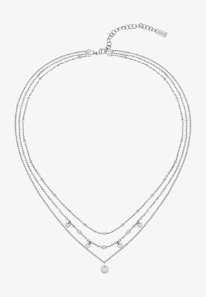 Sølv multi-lag halskjede med delikate kjeder, rund anheng og sirkulære detaljer. Justerbar lengde med lås.