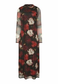 Vestido largo y transparente con un fondo oscuro y un patrón floral de rosas rojas y blancas, mangas largas y un escote redondo.