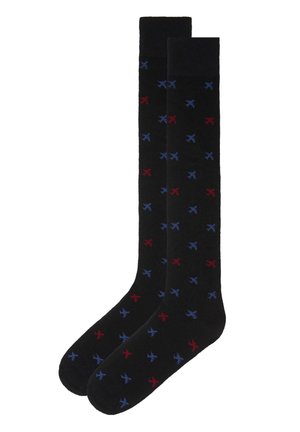 Knee-high black socks featuring a pattern of small airplanes in red and blue, made from a soft fabric for comfort.