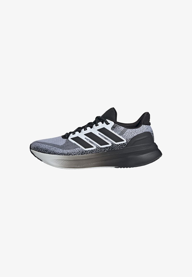 Black and gray running shoe with a mesh upper, three white stripes, cushioned sole, and textured detailing on the midsole.