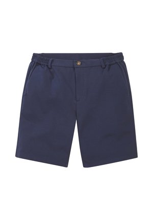 Marineblaue elastische Shorts mit Knopfverschluss und Seitentaschen, auf weißem Hintergrund dargestellt.
