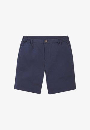 Navy blue elastic waist shorts with button closure and side pockets, displayed on a white background.