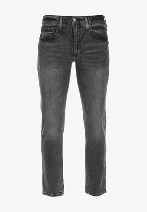 Jeans neri lavati con gamba dritta, tasche frontali, passanti per cintura e chiusura con bottone.