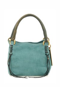 Borsa in pelle turchese con una texture morbida, manici curvi e cuciture decorative, con hardware e dettagli in tono oro.