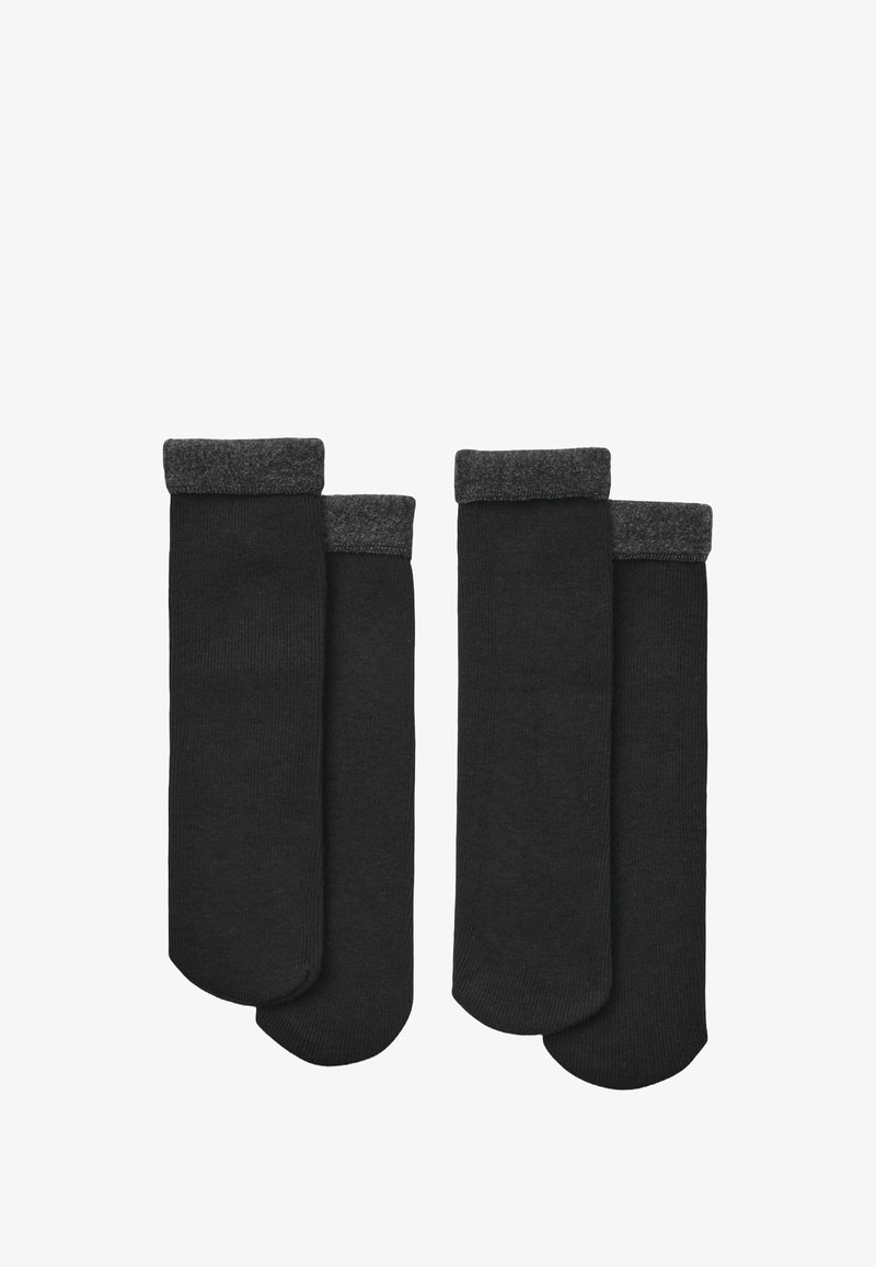 Quattro paia di calze fino al ginocchio di colore nero solido, con un bordo in grigio scuro a contrasto. Realizzate in un tessuto morbido e elastico.