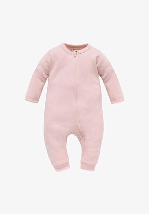 Różowy bawełniany kombinezon z długimi rękawami i zamkiem z przodu. Posiada okrągły dekolt oraz elastyczne mankiety u kostek dla łatwego zakładania.