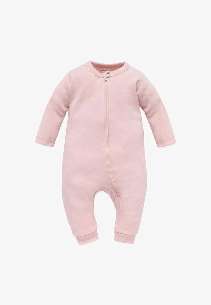 Roze katoenen rompertje met lange mouwen en een ritssluiting aan de voorkant. Beschikt over een ronde halslijn en elastische cuffs bij de enkels voor eenvoudig aantrekken.