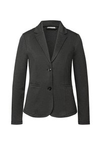 Ciemnoszary żakiet z wyciętymi klapami, dwiema przednimi kieszeniami, zapięciem na pojedynczy guzik oraz gładkim, teksturowanym materiałem.