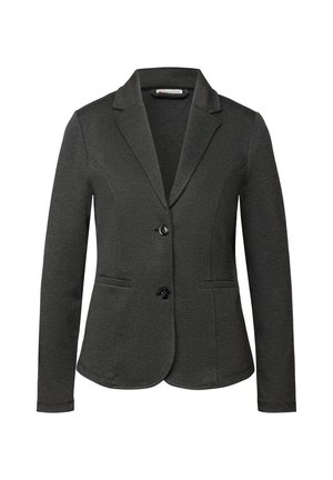 Tmavě šedý blazer s klopou, dvěma předními kapsami, uzavíráním na jeden knoflík a hladkým, strukturovaným materiálem.