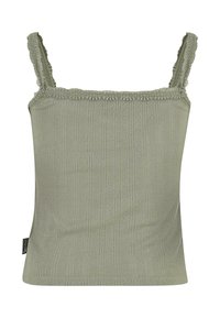 Lichtgroene camisole met verstelbare bandjes, textuurstof en kantafwerking langs de halslijn. Rechte zoom. Verticale streepjespatroon.