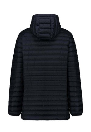 Veste doudoune noire avec capuche, présentant un design matelassé et des coutures horizontales visibles, mettant en avant une texture légère.