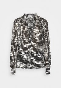 Black and white blouse with a polka dot pattern, long puff sleeves, a V-neckline, and button-down front. Lightweight, flowing fabric.