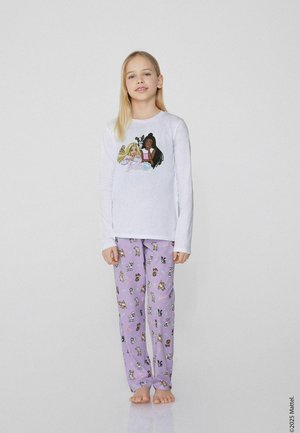 Witte lange mouwen top met kleurrijke karakterafbeelding. Paarse pyjamabroek met verschillende patronen van cartoonhonden. Zacht katoenmateriaal.